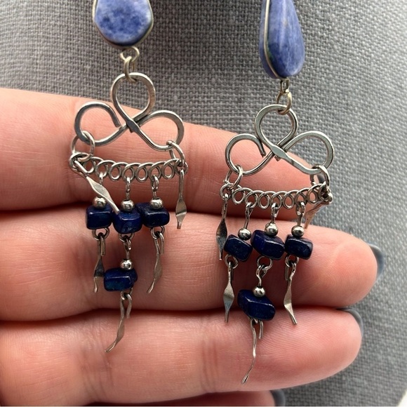 Boho Genuine Blue Stone Long Dangle Tassel Earrings Silver Tone Layered Knotted - Picture 3 of 9